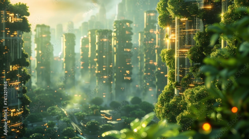 Futuristic city powered by biomass energy, visualizing the potential of organic matter in urban sustainability