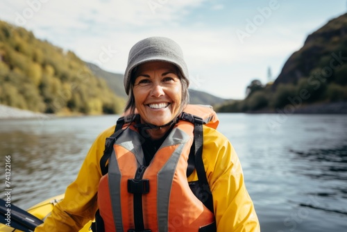 Portrait of a smiling woman in a life jacket and hat on the background of a mountain river. © Nerea