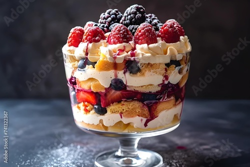 Layered berry trifle in glass with lush cream, sponge cake, and vibrant fresh berries.