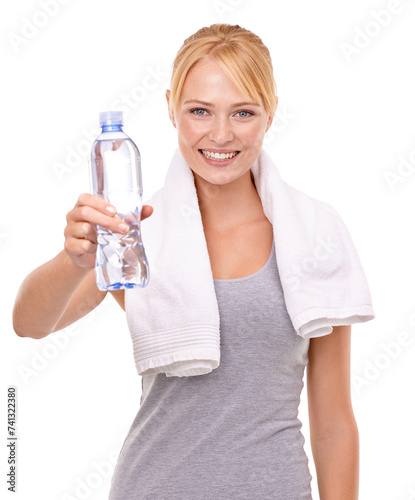 Fitness, happy and portrait of woman with water in studio for health, wellness and body workout or training. Smile, sports and female athlete with hydration drink for exercise by white background.