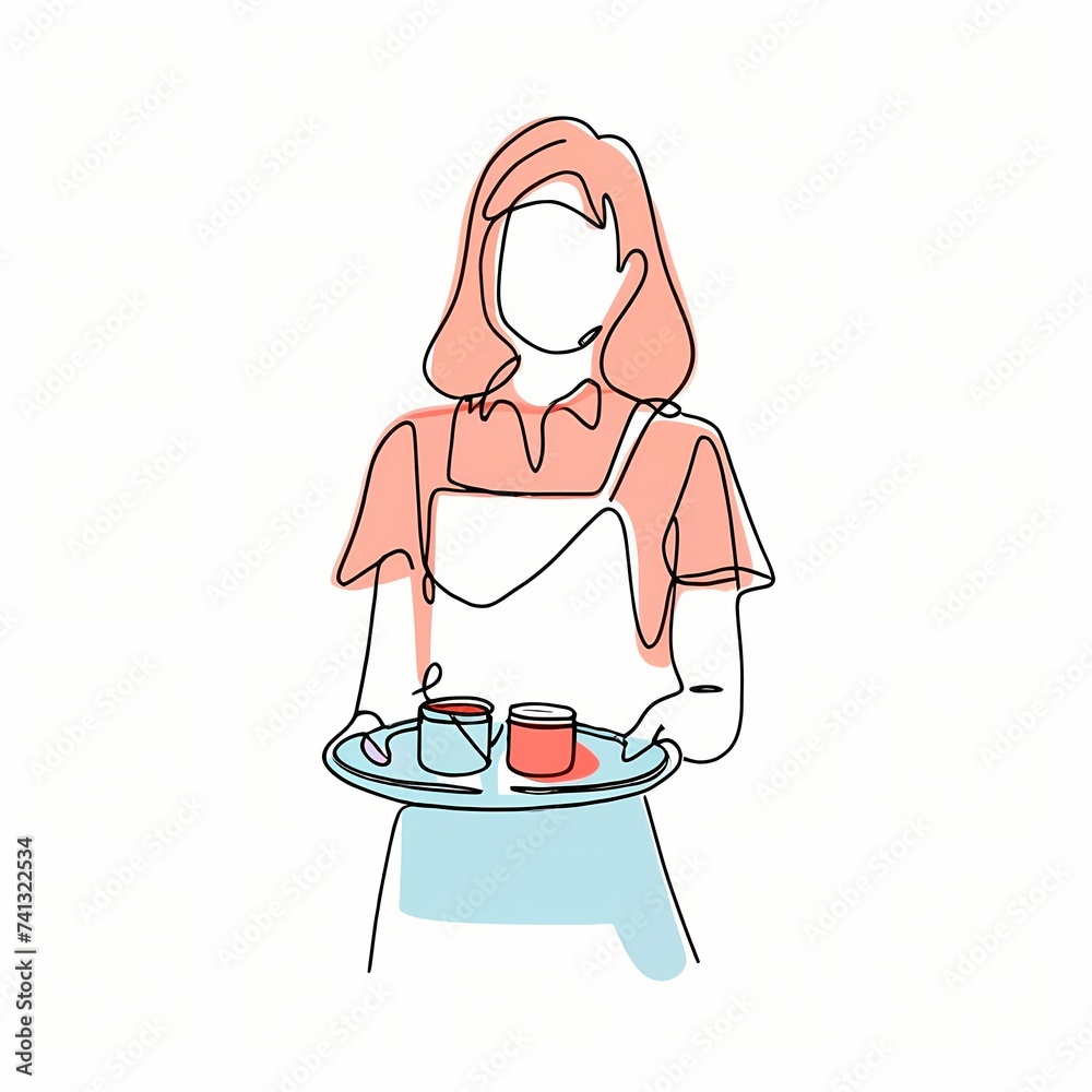 continuous minimalist black ink drawing of a woman as a waitress with drinks on a plate - white background continuous minimalist black ink drawing of a woman as a waitress with drinks on a plate - white background