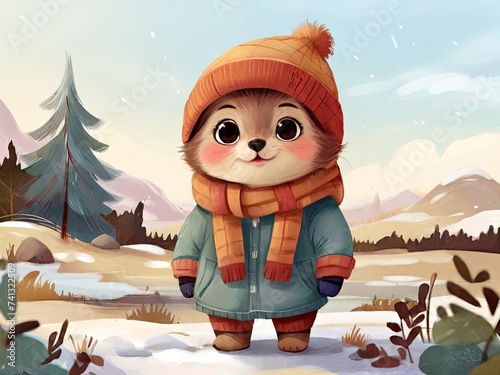 Cute animal bundled up in warm clothes in winter landscape photo