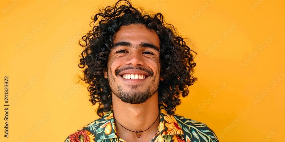 Smiling man with curly hair poses against vibrant yellow backdrop cheerfully. Concept Outdoor Photoshoot, Colorful Props, Joyful Portraits, Playful Poses Smiling man with curly hair poses against vibrant yellow backdrop cheerfully. Concept Outdoor Photoshoot, Colorful Props, Joyful Portraits, Playful Poses