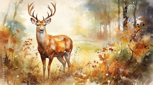 Deer standing in a colorful forest watercolor painting. Wall art wallpaper