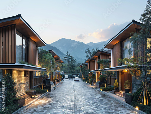 Modern multi-storey single-roofed tan houses stand in a row. The house faces the internal road. External finishes use wood-like materials. photo