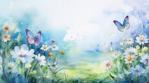 Spring watercolor landscape with butterflies over flowers. Wall art wallpaper