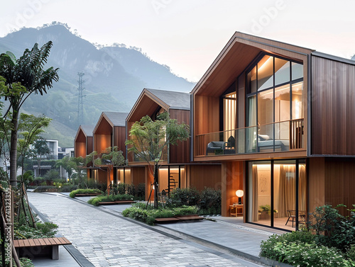 Modern multi-storey single-roofed tan houses stand in a row. The house faces the internal road. External finishes use wood-like materials. photo