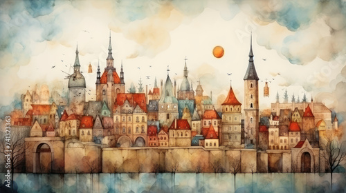 Watercolor vintage cityscape with cloudy sky and flying birds. Wall art wallpaper