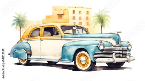 Vintage blue sedan car in tropical setting illustration. Wall art wallpaper © Photocreo Bednarek