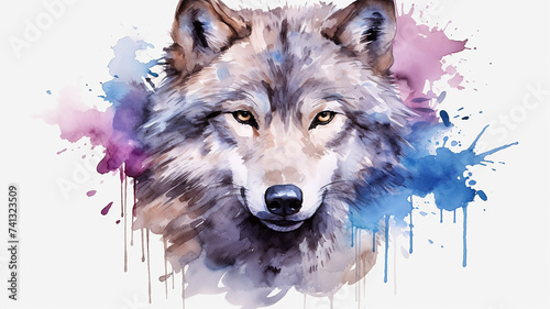 Gray wolf is a wild animal in colored splashes of watercolor paints with a dangerous look on a white background