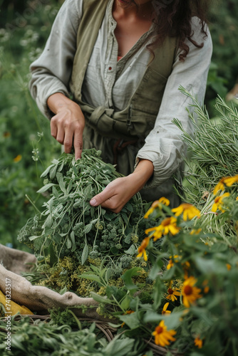 A woman collects medicinal herbs. Selective focus. photo