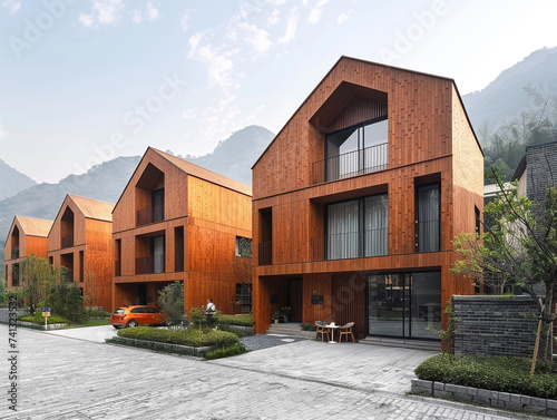 Modern multi-storey single-roofed tan houses stand in a row. The house faces the internal road. External finishes use wood-like materials. photo