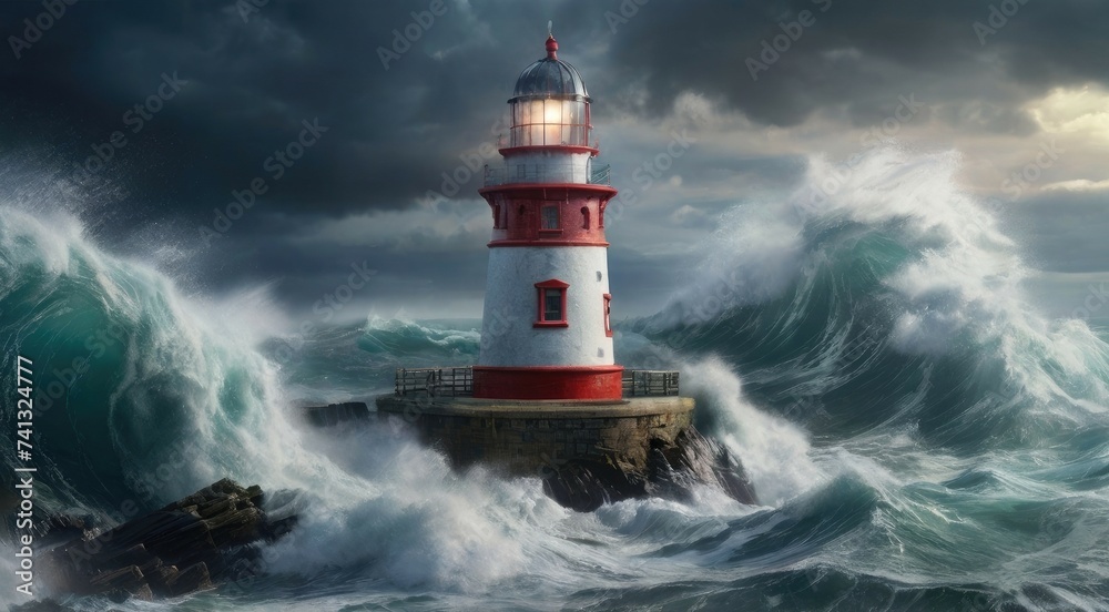 The Beacon of Courage: Lighthouse Enduring a Fierce Storm with Torrential Rain and Powerful Waves