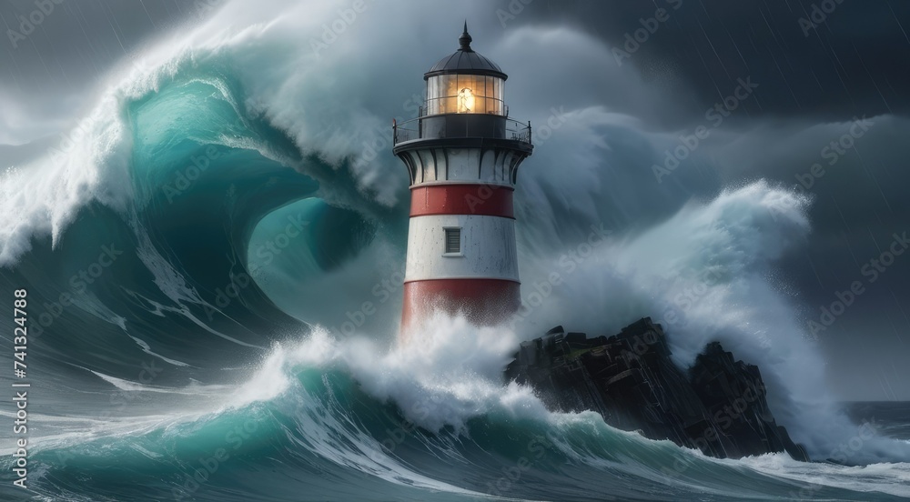Dramatic Maritime Symphony: Lighthouse Battles Stormy Seas, Rain Pours, and Waves Rage