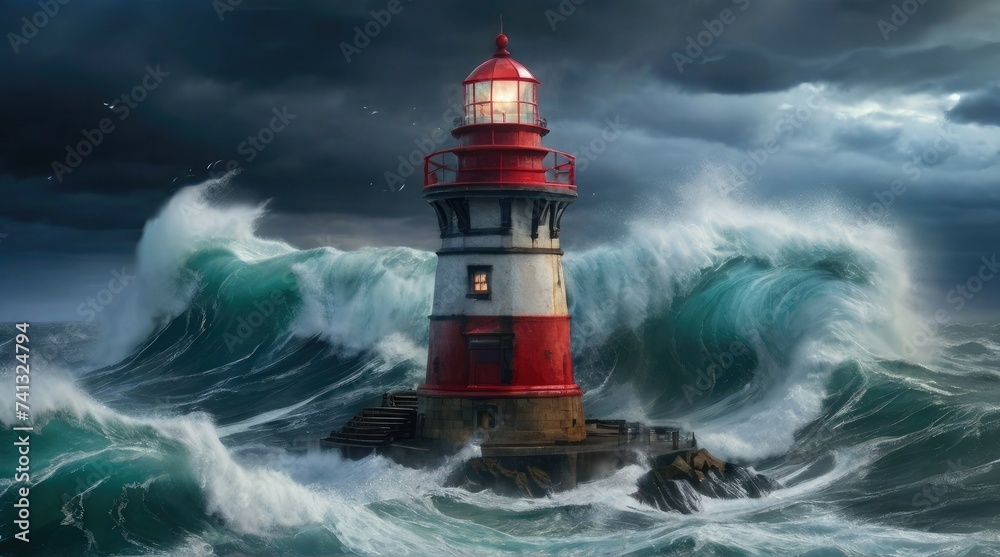 Tempest Triumph: Majestic Lighthouse Stands Tall Amidst a Furious Storm, Rain, and Roaring Waves