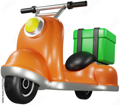 Scooter with delivery food box. Online shopping and food delivery service. 3D PNG cute cartoon character.