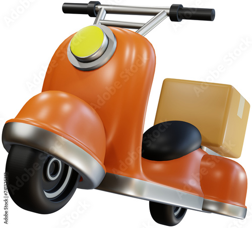 Scooter with cartoon box. Online shopping and delivery service. 3D PNG cute cartoon character.