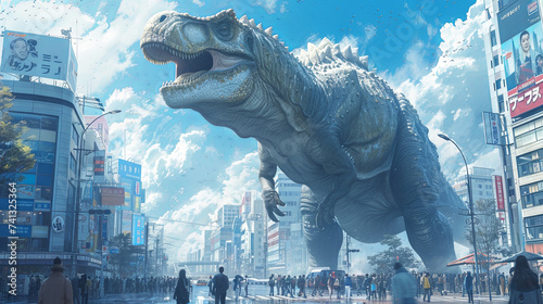 Tyrannosaurus Dinosaur on a crowded street in a big city