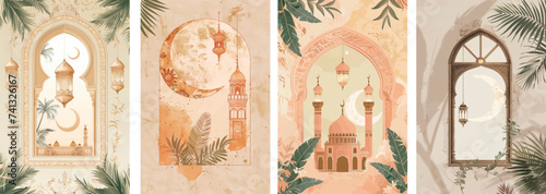 Morocco posters set. Moroccan buildings, architecture, card backgrounds. Abstract ancient Arab city. Ramadan Kareem! Eid Mubarak! Islamic holiday vector illustrations