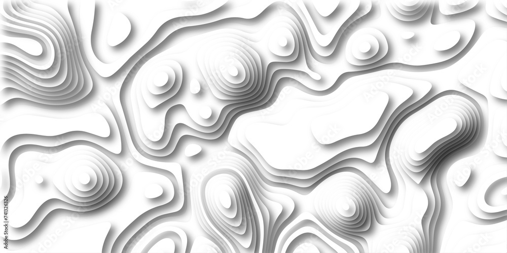 3D Papercut Stylized White topographic contour scheme and terrain. Topography grid map. Contour map background. Geographic line mountain relief. Abstract lines or wavy backdrop background.