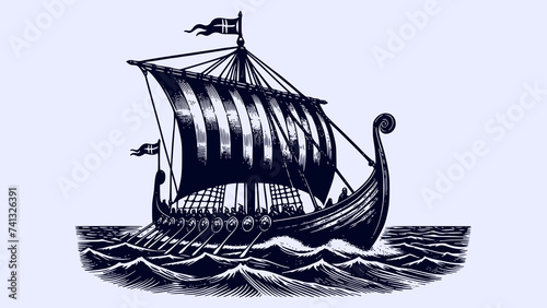 hand drawn art style Viking ship sailing on the sea battle vector illustration photo