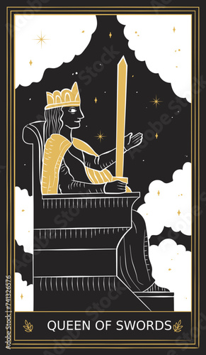 Queen of Swords Tarot Card Minor Arcana in Vector Illustration