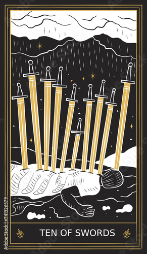 Ten of Swords Tarot Card Minor Arcana in Vector Illustration