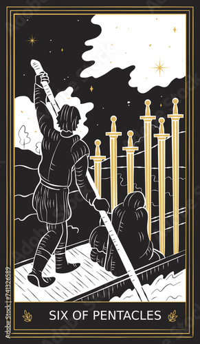 Six of Swords Tarot Card Minor Arcana in Vector Illustration