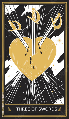 Three of Swords Tarot Card Minor Arcana in Vector Illustration