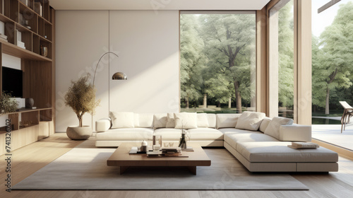 a large white open plan living room with natural light and trees outside