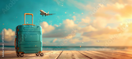 banner of suitcase on the beach on the flying plane background, travel vacation background