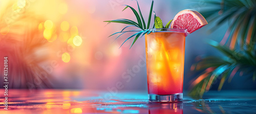 Summer cocktail typically involves refreshing and fruity beverage options that are enjoyed during the warmer months  bright background with palms leaves