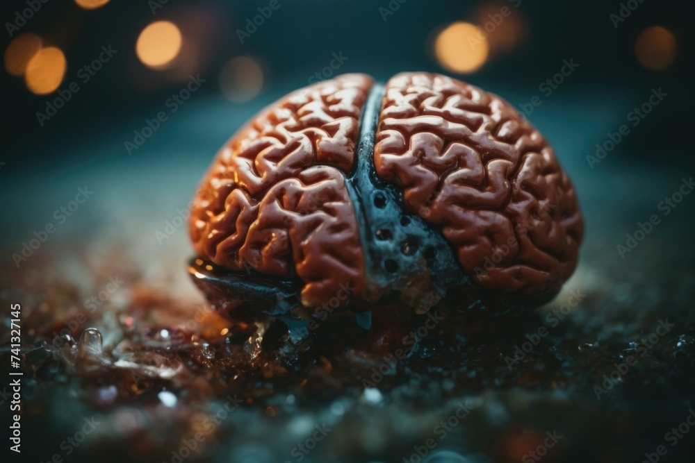 A brain is shown in the dark with blurry lights. Generative AI. A brain is shown in the dark with blurry lights. Generative AI.