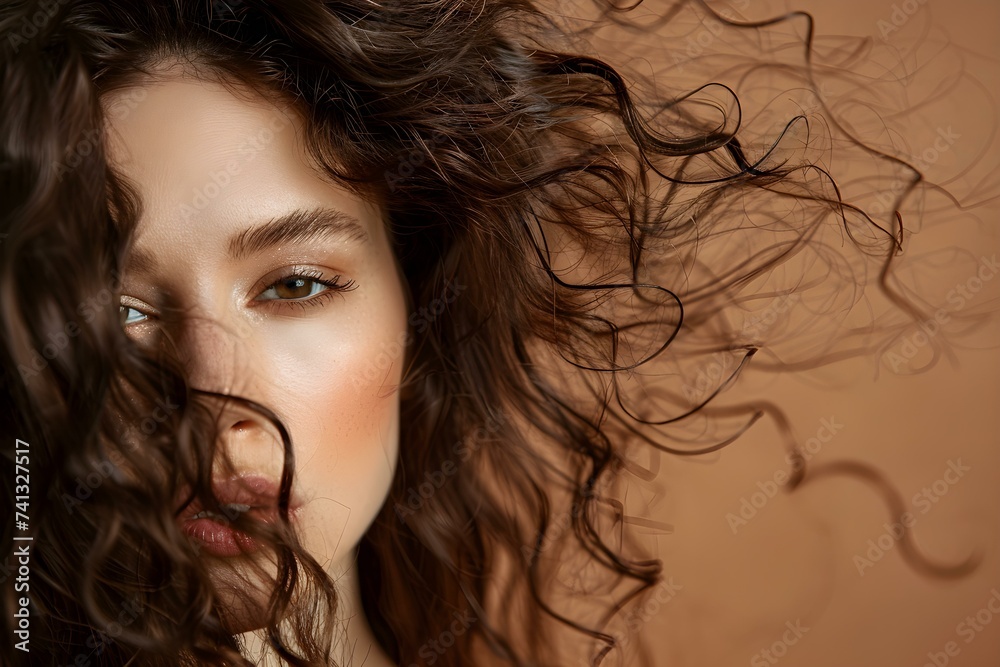 Frizzy hair studio photoshoot with woman brown backdrop for salon