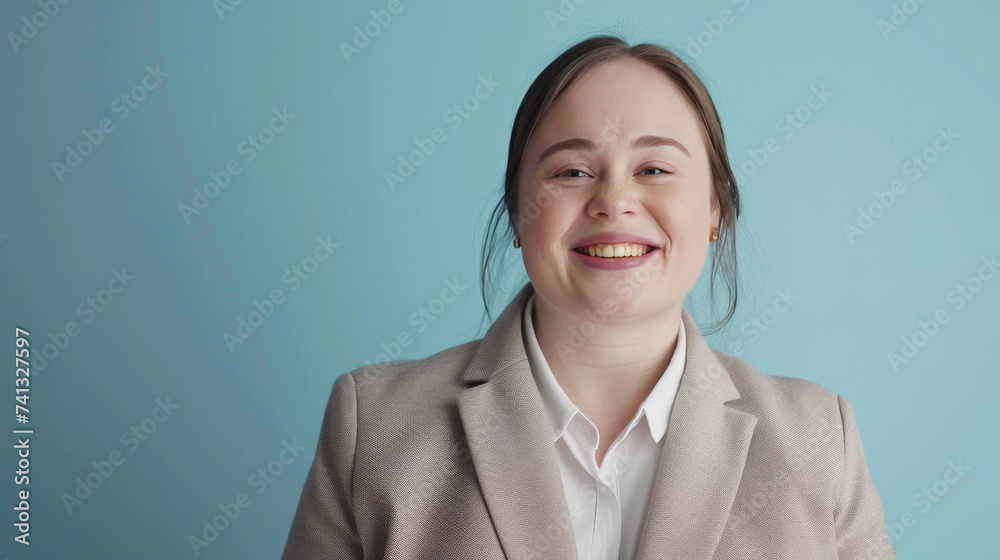 portrait of a happy young business woman with down syndrome portrait of a happy young business woman with down syndrome