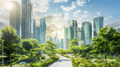Sustainable Urban Development - Future city concepts with green spaces, pedestrian pathways, and eco-friendly transport options.