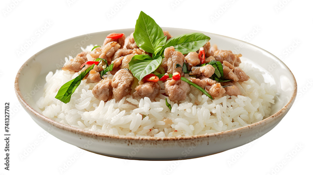 Rice topped with stir-fried pork and basil on isolated on transparent png background. Generative ai Rice topped with stir-fried pork and basil on isolated on transparent png background. Generative ai