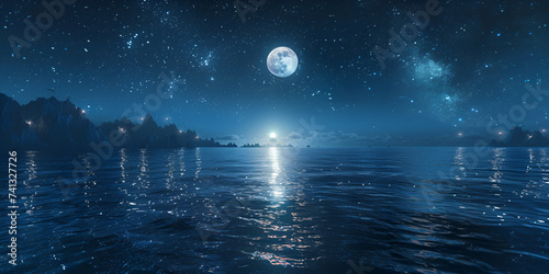 Seascape with full moon on night sky over water 