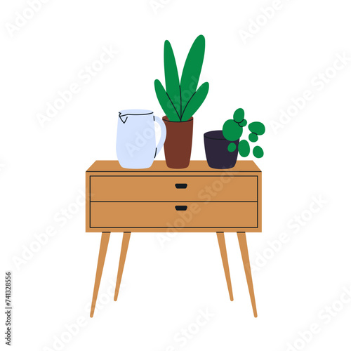 Wooden chest of drawers, nightstand with leaf plants in pots. Wood furniture, dresser with legs in modern retro style. Houseplants on commode. Flat vector illustration isolated on white background