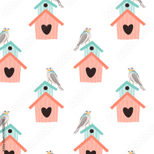 Hand drawn spring birds and birdhouse pattern. Vector illustration isolated. Can used for wrapping paper, textile, clothes. greeting card, wallpapers. 