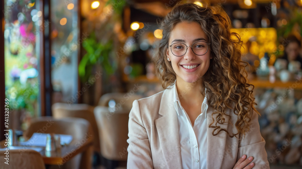 Cheerful Young Woman Presenting Paper in Vibrant Cafe Setting, Professional Attire, Blurred Restaurant Background, Pleasant Smile, Curly-haired, Wearing Glasses, Well-lit Environment - a Scenario of P Cheerful Young Woman Presenting Paper in Vibrant Cafe Setting, Professional Attire, Blurred Restaurant Background, Pleasant Smile, Curly-haired, Wearing Glasses, Well-lit Environment - a Scenario of P