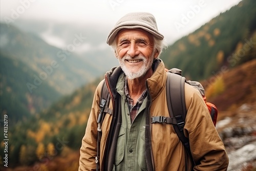 Portrait of senior man hiking in the mountains with backpack and hat