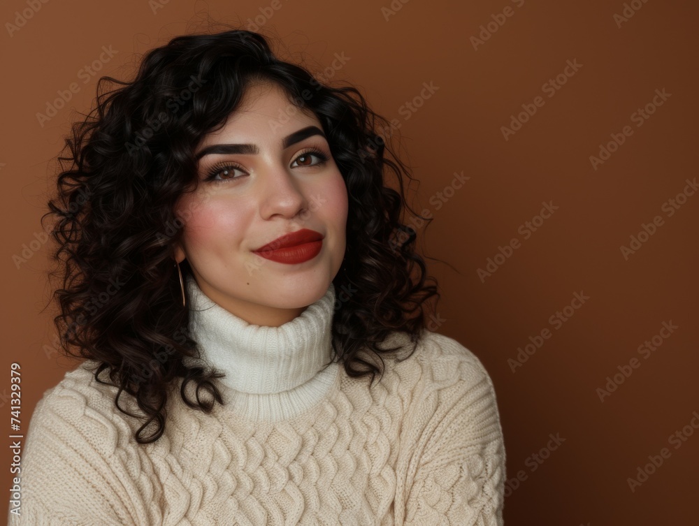 A multiracial woman with curly hair wearing a white sweater is pictured A multiracial woman with curly hair wearing a white sweater is pictured