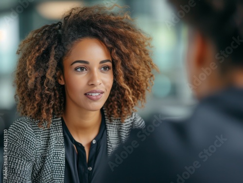 A multiracial woman engaged in conversation with a man in a formal suit, demonstrating communication and business interaction