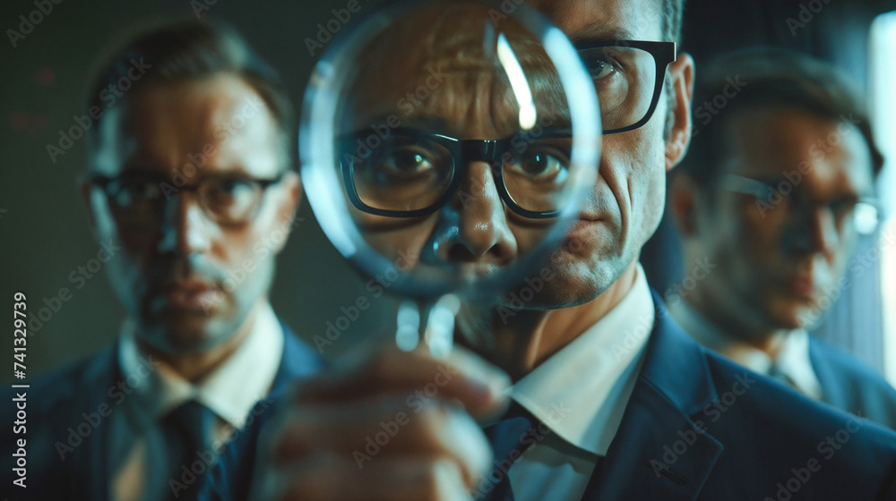 Corporate Talent Recruitment: Group of Men in Professional Suits, Enlarged Face through a Magnifying Glass, Brightly Lit Room, Individual Focus, Scrutiny, Business Environment, Concept Image - obrazy, fototapety, plakaty 