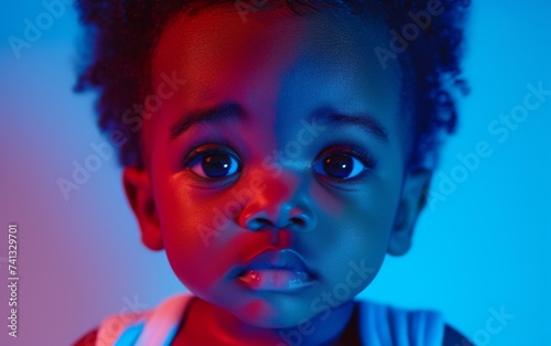 A young boy stands with a blue light shining on his face, casting an otherworldly glow