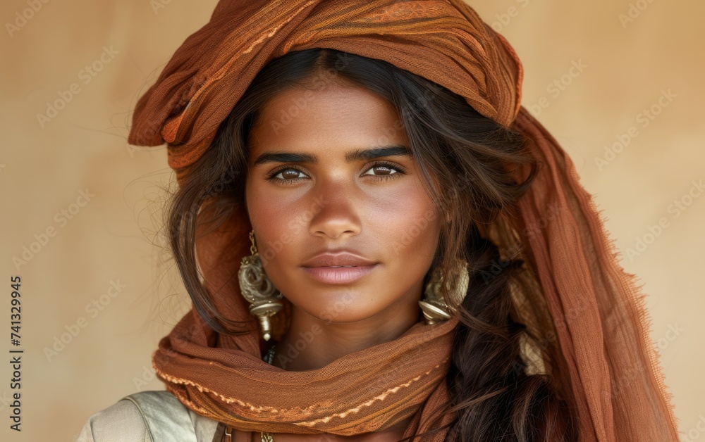 A multiracial woman is seen wearing a brown scarf around her head