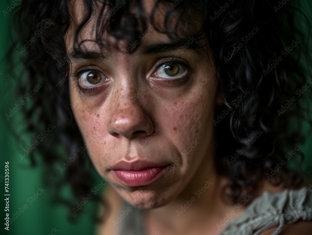 A detailed view of a womans face showcasing her freckles and unique features A detailed view of a womans face showcasing her freckles and unique features