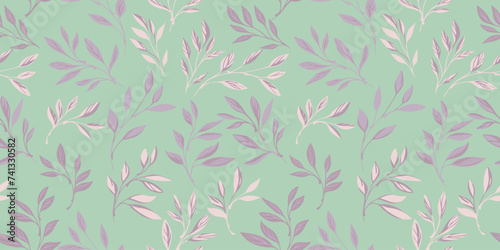 Gently pastel abstract tiny branches leaves seamless pattern. Stylized simple small leaf motif scattered randomly on a mint background. Vector hand drawn. Collage template for design, patterned