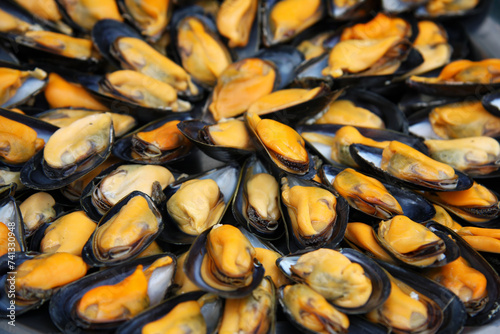 A display of fresh mussels for sale at a fish market © Rixie